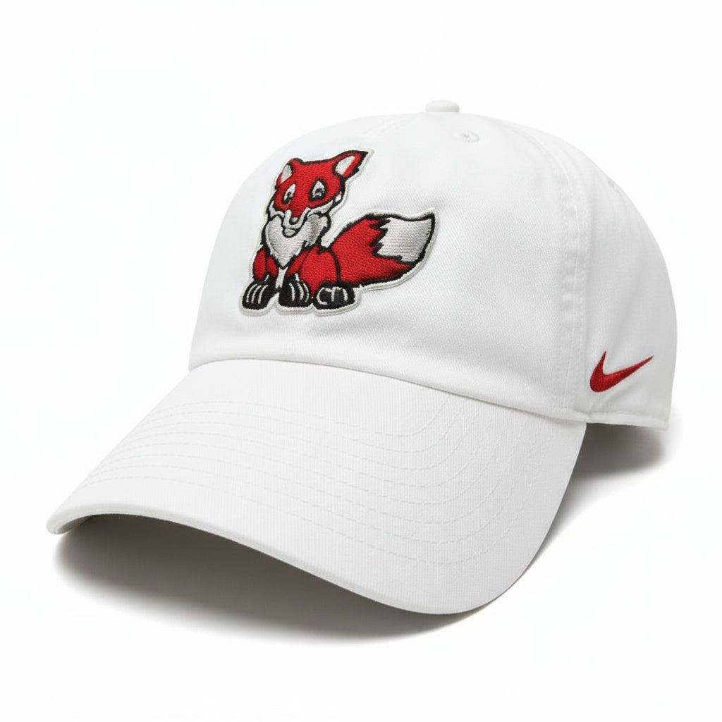 White cap with a baby red fox logo and Nike logo on a white background