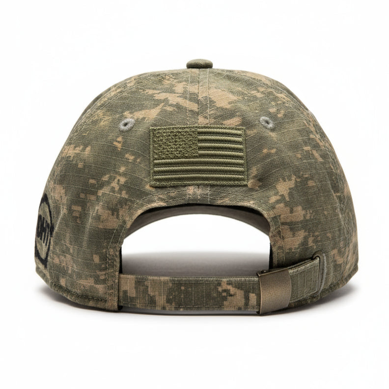Camouflage baseball cap with American flag patch on a white background