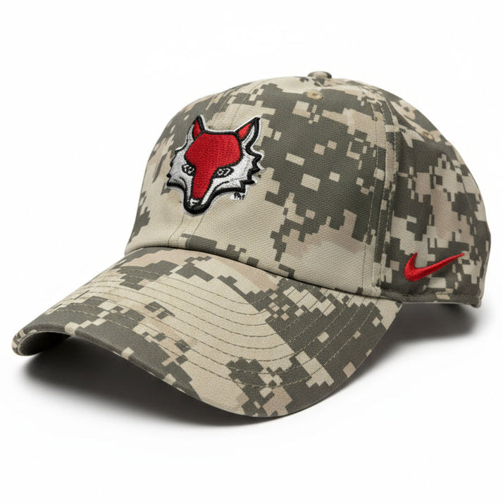 Camouflage baseball cap with red fox logo and Nike logo on a white background