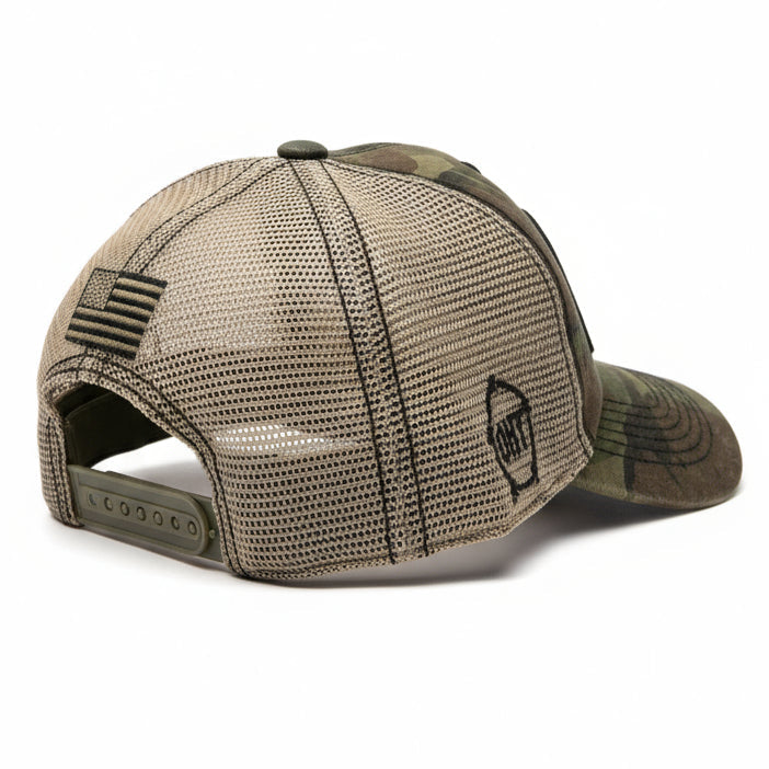 Camouflage baseball cap with mesh back on a white background