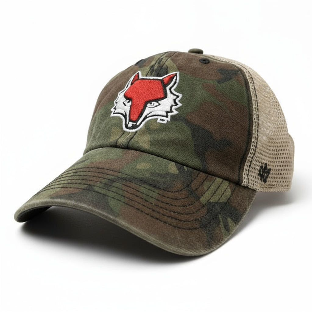 Camouflage baseball cap with Marist University red fox logo on a white background