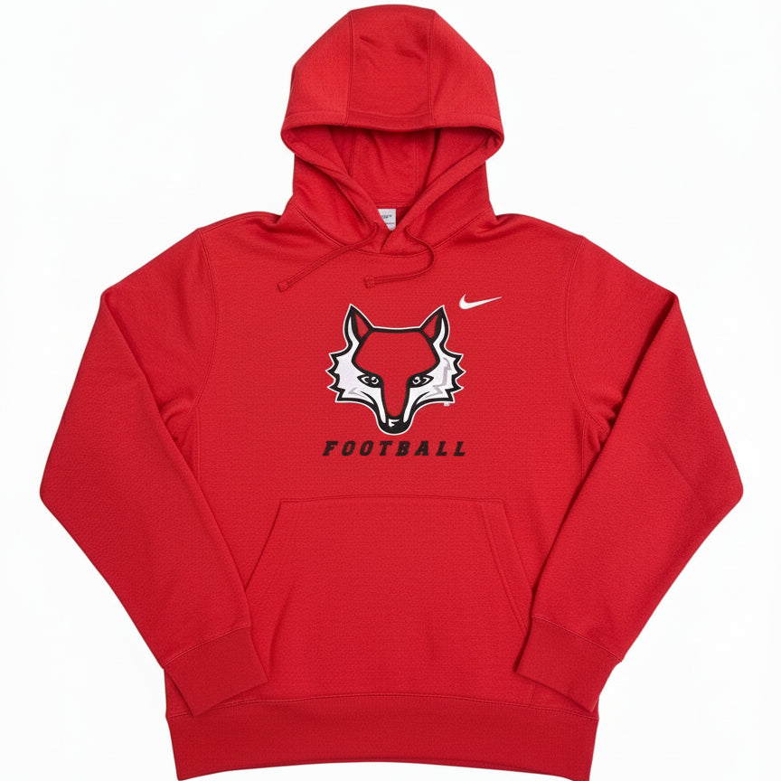 Red hoodie with a logo on a white background