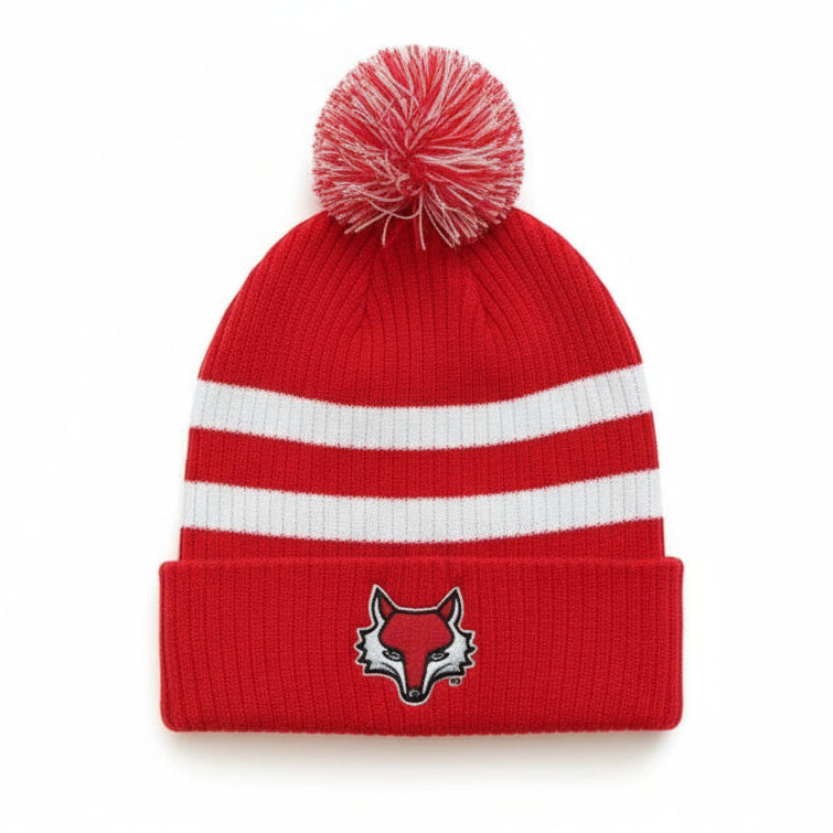 Red beanie with white stripes and the Marist Red Fox logo on a white background