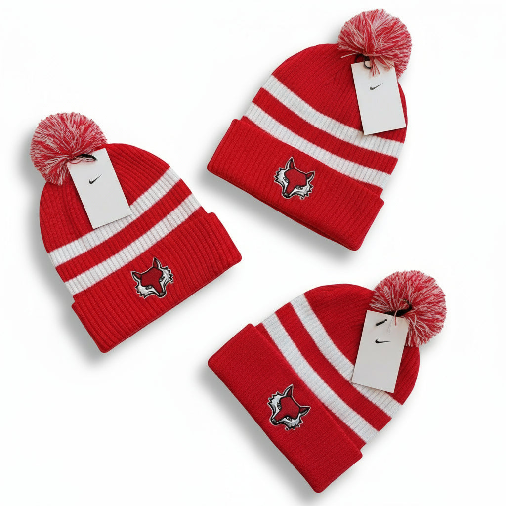 Three red and white striped beanies with Marist Logos and pom-poms on a white background