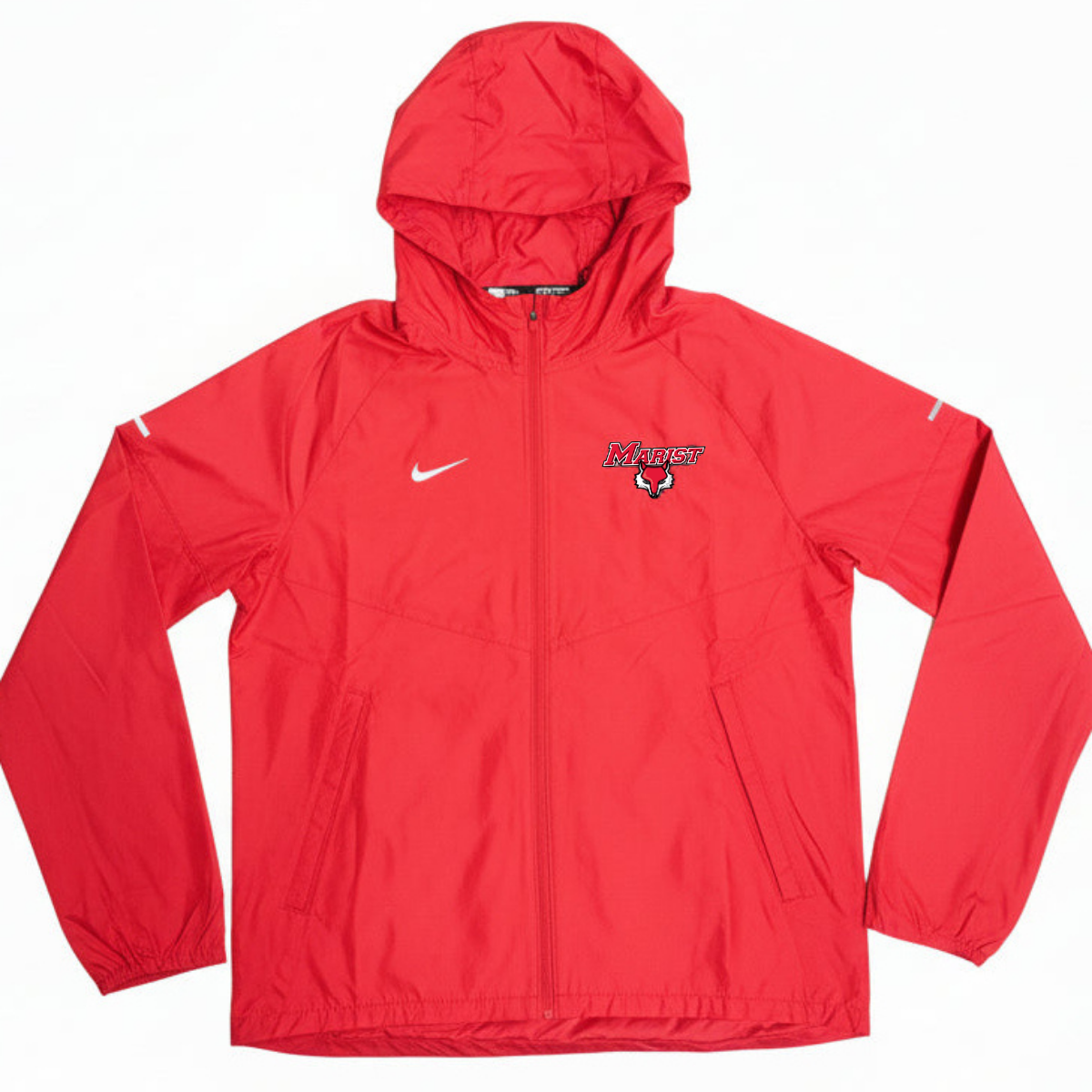 Red Windbreaker jacket with a full zipper and a hood on a white background