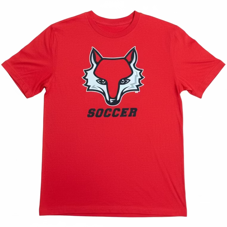 red t shirt with marist red fox soccer logo on the front on a white background
