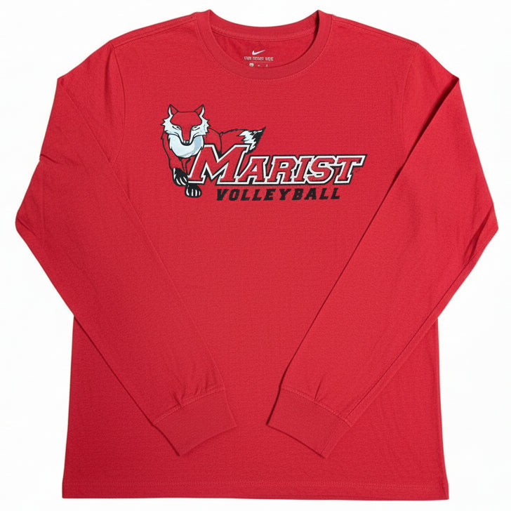 red long sleeve cotton shirt with "marist volleyball" on the front