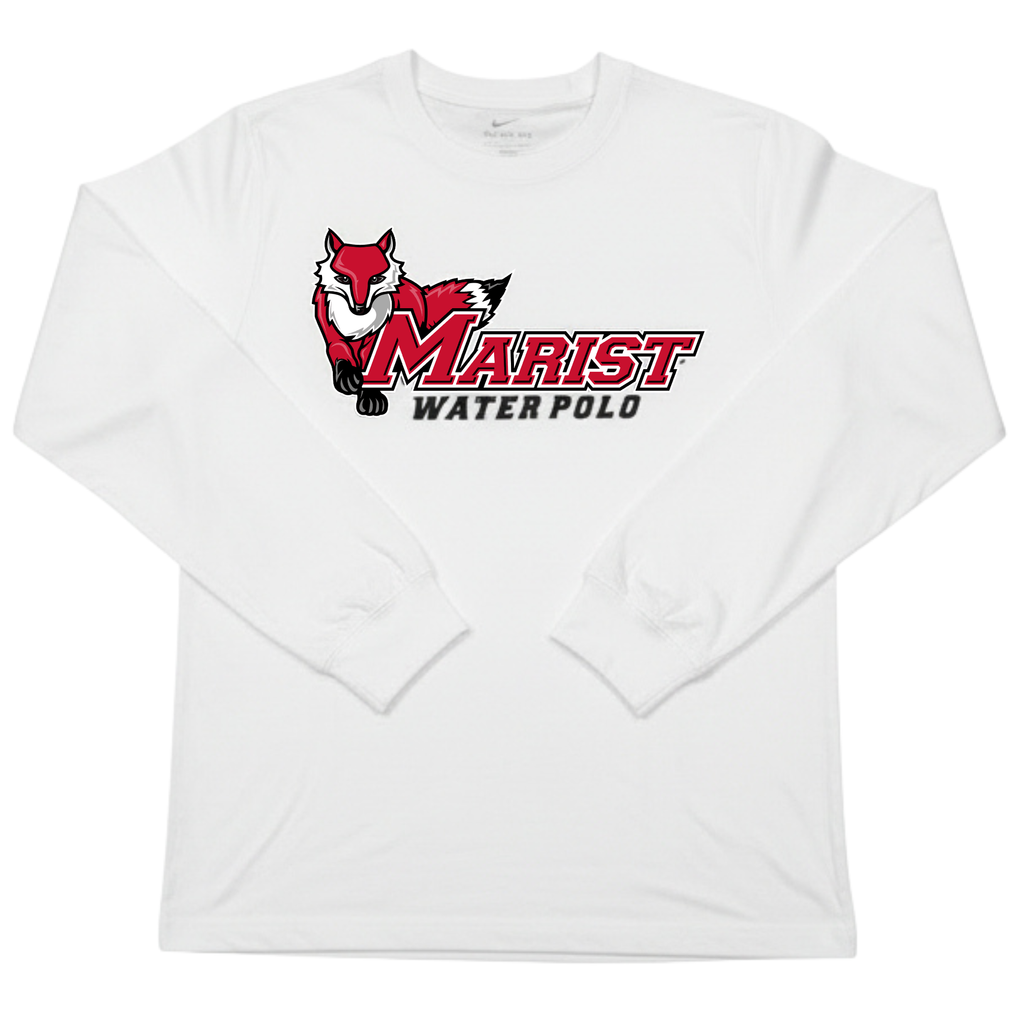 white long sleeve shirt with the marist water polo logo on a white background