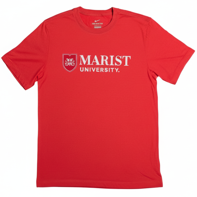 red t shirt with marist university text and logo on a white background