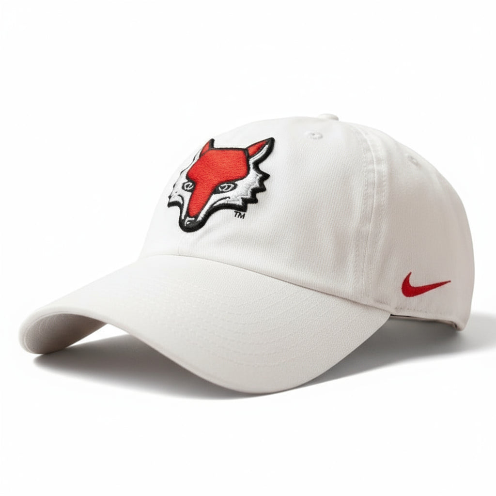 white nike hat with red swoosh